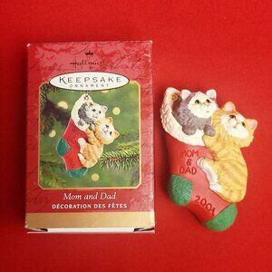 Hallmark Christmas Ornament Mom and Dad 2001 Cats in Stocking